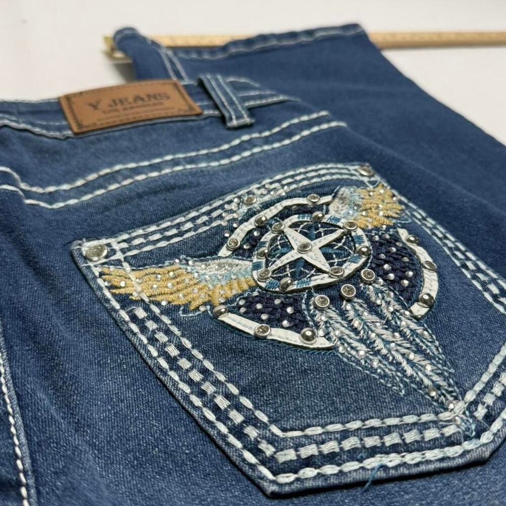 Y Jeans Los Angeles blue bootcut embellished Y2K 2000s jeans stitching size 7/8 - Picture 4 of 8